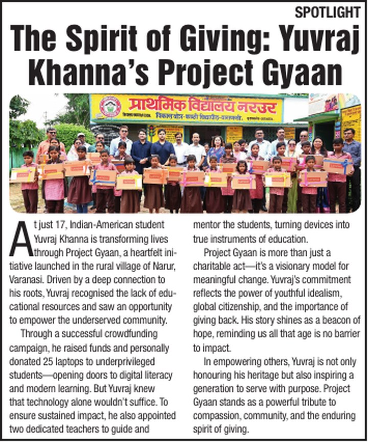 Newspaper feature: The Spirit of Giving — Yuvraj Khanna's Project Gyan